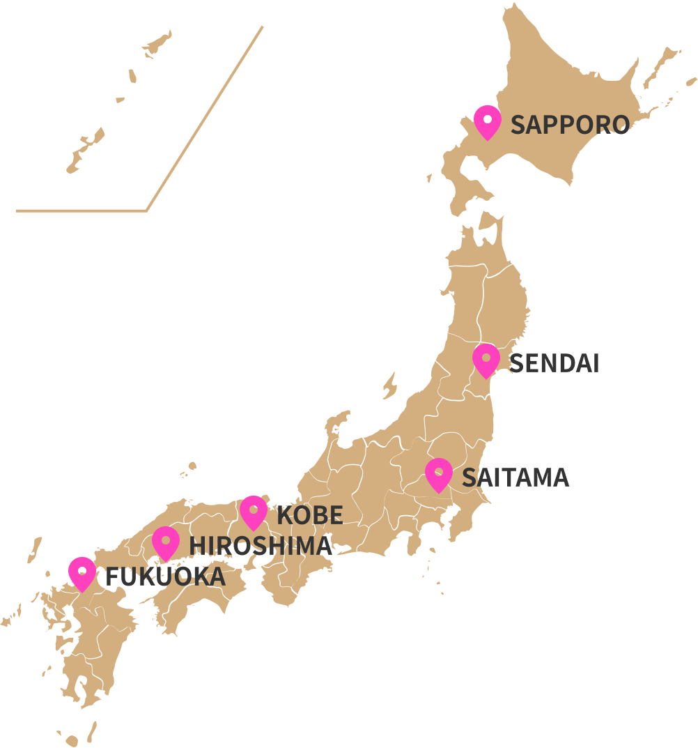 日本地図：札幌市・仙台市・さいたま市・神戸市・広島市・福岡市